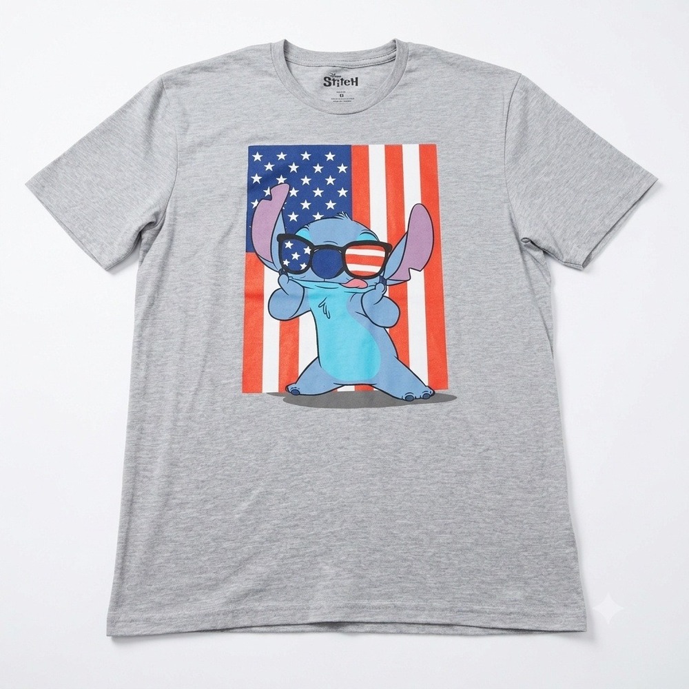 Disney Stitch Men's Medium Heather Grey T-Shirt Patriotic USA American‎ Flag
